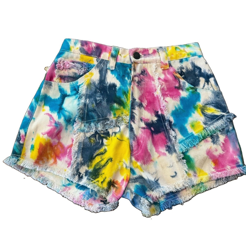 Vintage Mike O Leary Tie Dye Shorts XS Rainbow Fringe High Waisted Festival Y2K